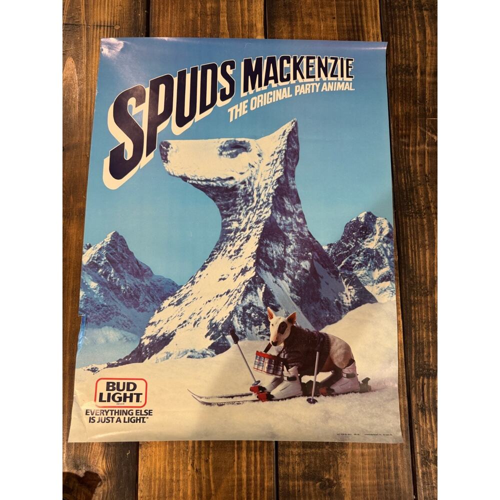 Vtg Bud Light 80s Spuds Mackenzie Poster 17 1/4" x‎ 22 1/2" Snow Skiing Mountain